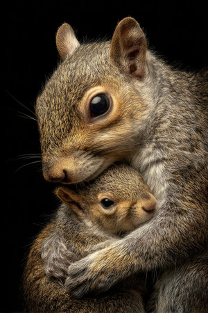 This image presents a close-up of an adult squirrel cuddling a baby squirrel, set against a stark black backdrop. The squirrels' fur displays a mix of grey and brown hues. The composition uses soft lighting to highlight the textures of their fur, suitable for various editorial and commercial applications. The image evokes warmth and the bond of family.の素材