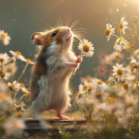 A small hamster stands upright, holding a daisy amidst a field of white and yellow flowers. Soft sunlight illuminates the scene, highlighting the animal's fur. The composition and lighting create a gentle, natural aesthetic. Suitable for various editorial and commercial applications.の素材