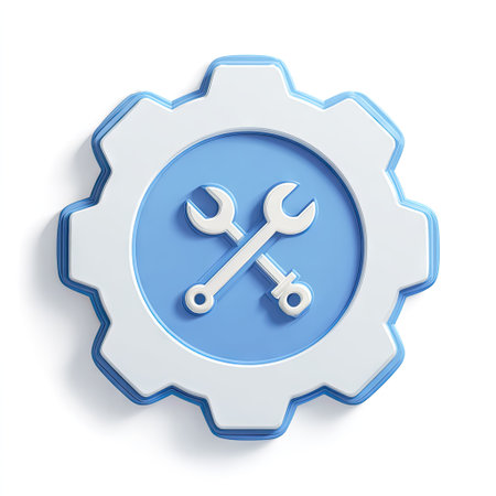 A close-up illustration presents a gear icon with two crossed wrenches within. The object features a blue and white color scheme, providing contrast and visual interest. The design suggests technical service or settings, lending itself to a variety of commercial and illustrative applications. The overall style is clean and modern, suitable for digital media.の素材