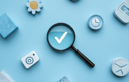 A close-up shot presents a magnifying glass centered over a check mark symbol. Surrounding the magnifying glass are various small, decorative objects. The scene exhibits a clean, well-lit aesthetic, with a soft blue background. This image is suitable for diverse commercial applications including marketing, presentations, and website design.の素材