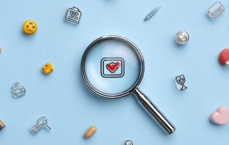 A magnifying glass focuses on a check mark symbol, surrounded by assorted miniature objects. The composition features various colors and textures, set against a light blue backdrop. This conceptual arrangement suggests investigation and examination, suitable for illustrating ideas and concepts. It might be used in commercial contexts.の素材