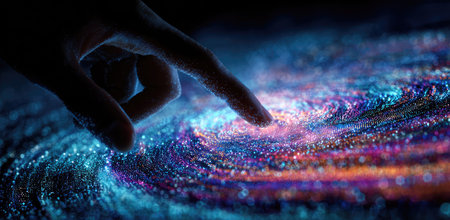 A human hand gently touches a swirling, glowing cosmic pattern. The image features a dark background with vibrant colors like blue, purple, and orange. The composition suggests themes of technology, science, and exploration, suitable for use in design projects or scientific articles.の素材