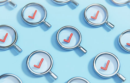 An overhead view reveals multiple magnifying glasses, each displaying a red check mark within its circular frame. The objects are arranged against a light blue backdrop. The image utilizes a uniform lighting and offers a modern aesthetic. Suitable for various projects needing a design related to decisions and choices.の素材