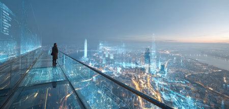 A person stands on a glass balcony, gazing at a futuristic cityscape illuminated by artificial lights. The scene is enveloped in a cool color palette with blues and hints of orange. The composition suggests a high vantage point, possibly for commercial applications or editorial designs.の素材