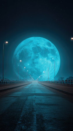 An illuminated road leads towards an enormous glowing moon in a nighttime scene. The composition features a symmetrical perspective, with the road stretching into the distance. The cool color palette and the artificial lights create a surreal, dreamlike setting, suitable for various editorial and commercial applications.の素材