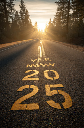 An asphalt road stretches into the distance, marked with large yellow numbers, while sunlight streams through the trees. The image features a textured surface, warm tones, and an overhead composition. It suggests forward movement in an outdoor environment, suitable for various editorial and commercial applications.の素材