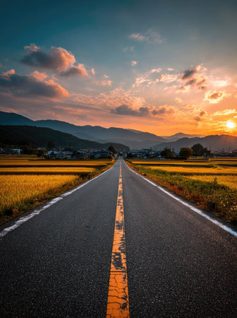 An asphalt road extends towards the horizon, framed by golden fields on either side. The scene is bathed in the warm hues of a sunset, featuring a blend of orange, yellow, and blue. The composition, lit by natural sunlight, suggests a journey and could be used for travel or environmental themes.の素材