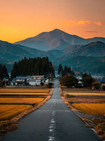 An asphalt road stretches toward a distant mountain range under an orange sunset. The foreground features cultivated fields and several buildings. The composition is a long shot, using natural light to highlight textures and colors. This image is suitable for various commercial uses, including travel, nature, or environmental themes.の素材