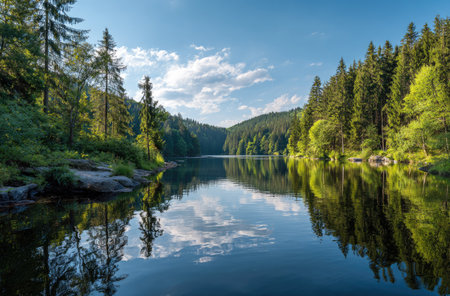 A picturesque landscape presents a calm lake reflecting the surrounding verdant forest and sky. The composition emphasizes natural beauty with vibrant greens, blues, and sunlight. The image could be suitable for environmental projects or serene imagery requiring a sense of peace.の素材