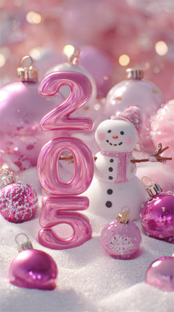 A close-up captures a cheerful arrangement featuring the number 2025 formed with pink elements, a small snowman, and various spherical ornaments. The scene is bathed in soft, diffused lighting and a predominantly pink color palette, suggesting a cozy, indoor setting, possibly for holiday decor. Ideal for commercial applications.の素材