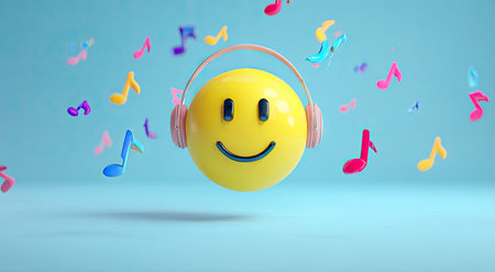 A cheerful emoji with headphones is the central focus, surrounded by colorful musical notes. The image features a bright yellow sphere with a happy expression set against a light blue backdrop. The vibrant colors and playful composition suggest the image is suitable for promotional or editorial purposes, conveying joy and sound.の素材