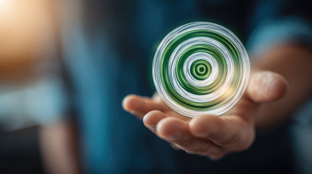 A person's hand delicately holds a spiraling circular object, featuring concentric rings of green and white. The artwork displays a modern design, with a blurred background and soft lighting that suggests a conceptual setting. This image may be suitable for various commercial or editorial uses, highlighting technology or design elements.の素材