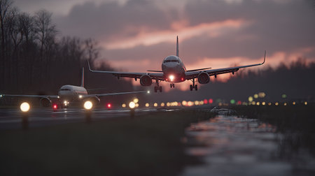 Two airplanes approach a landing strip during twilight. The image showcases the silhouettes of the aircraft against a colorful sky, with the runway lights providing illumination. Suitable for depicting travel, transportation, or aviation-related themes, the image conveys a sense of journey and destination, perfect for various commercial and editorial applications.の素材