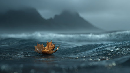 A close-up image showcases a single autumn leaf gently resting atop ocean waves. The scene features a cool color palette with shades of blue and brown. Misty mountains form the backdrop, creating a sense of depth and tranquility. This image could be used for various commercial or editorial projects.の素材