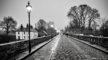 A grayscale image showcases a street lined with buildings and lampposts. The road is textured, leading towards a vanishing point under a muted sky. The composition emphasizes a sense of depth, with soft lighting defining the scene. This image could be suitable for various editorial or commercial applications.の素材