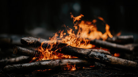 A close-up view depicts a campfire ablaze, featuring bright orange flames against a dark background. The fire is fueled by wooden logs, displaying varying textures and shades of brown. This image evokes warmth and could be suitable for illustrating themes such as adventure, relaxation, or outdoor recreation.の素材