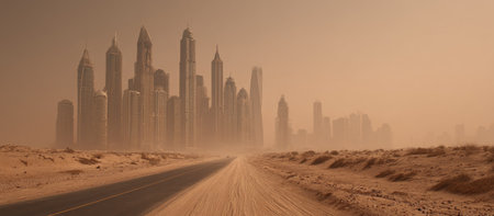 A city skyline of tall buildings is seen in the distance, partially obscured by a hazy atmosphere. The image showcases a road leading towards the buildings. The color palette features warm tones, and the overall style is minimalist, suitable for various commercial or editorial applications.の素材