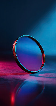 A circular object is showcased against a dark background, reflecting bright red and blue light across its surface. The artwork features a smooth texture and a modern design. Suitable for various applications, including advertising, product presentations, or conceptual projects, the image has a studio feel and appealing visual aesthetics.の素材