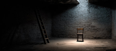 An empty wooden chair stands alone in a dimly lit room, with a ladder leaned against a wall. The scene is illuminated by an overhead light source. This image evokes feelings of isolation. Suitable for a variety of conceptual projects and illustrative uses, this picture could be used for editorial and commercial purposes.の素材