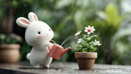 An animated rabbit is depicted watering flowers in a rain setting, showcasing a blend of soft colors and textures. The composition features a potted plant with delicate white flowers, set against a backdrop of blurred greenery. The scene suggests a garden environment, potentially suitable for various commercial and editorial applications.の素材