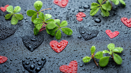 A close-up captures heart-shaped patterns in red and black, amidst vibrant green leaves, resting on a wet, dark surface. Water droplets add texture and sheen. The composition provides a sense of freshness and nature, suitable for various design projects and commercial applications.の素材
