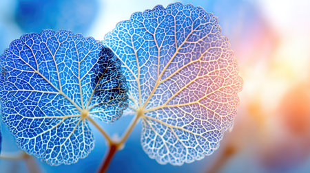 This image showcases two detailed blue leaves, highlighting delicate vein structures. The composition uses a shallow depth of field, with soft lighting and a bright background. Suitable for a variety of projects, it could be used for scientific illustrations, decorative designs, or other visual media.の素材