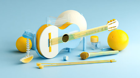 This image presents a vibrant still life with a miniature guitar as the focal point. Bright yellow lemons and a toy microphone contribute to the composition set against a light blue backdrop. The arrangement evokes a sense of playfulness and creativity suitable for various commercial and editorial applications.の素材