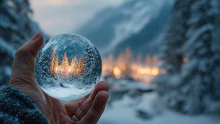 A hand cradles a crystal ball reflecting a snow-covered forest with soft, glowing lights in the background. The image has a shallow depth of field, with cool blues and whites dominating the scene. The composition suggests a serene, contemplative mood, suitable for various editorial and conceptual applications.の素材