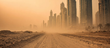 A sandy road stretches towards a blurred skyline of tall buildings, obscured by a dense dust cloud. The image features a monochromatic color palette of browns and yellows, with the composition offering a sense of depth. This evocative scene may suit various commercial and editorial applications, offering a visualization of environmental conditions.の素材
