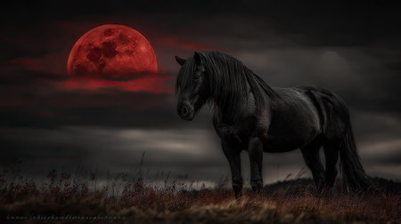 A dark horse stands prominently, silhouetted against a dramatic red moon and a cloudy night sky. The scene features a high contrast between the dark figure and the glowing celestial body. This composition could be suitable for various commercial or artistic applications.の素材