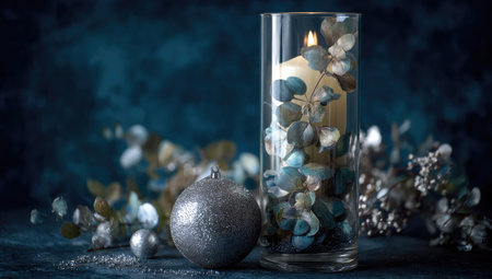 A close-up captures a candle in a glass vase, adorned with leaves, and surrounded by ornaments. The composition uses soft lighting and a blurred background. The image has a textured quality and presents a decorative scene suitable for various commercial or editorial applications.の素材