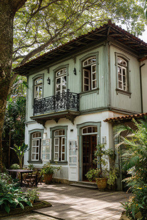 A charming two-story house features a light green facade and an ornate balcony. Natural light illuminates the scene, highlighting the architectural details and surrounding foliage. The image, suitable for various uses, depicts a blend of structure and nature. It could be used for architecture, design, or lifestyle concepts.の素材