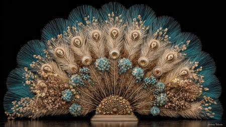 A visually striking arrangement resembling peacock feathers is presented against a deep black backdrop. The composition features a fan-like structure with teal and beige tones. The image showcases intricate details and textures, potentially suitable for various decorative or artistic applications. This imagery can be useful in commercial or editorial contexts.の素材