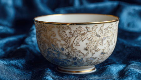 A close-up view displays an ornate porcelain bowl, showcasing a detailed gold and off-white floral design. The bowl's rim is accented with gold, placed against a rich, deep blue backdrop. The lighting highlights the textures and patterns, suitable for various editorial and commercial applications.の素材