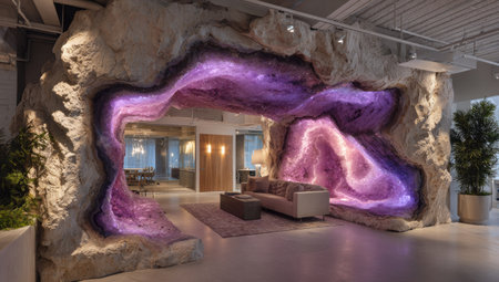 An interior space features an artistic stone structure with an illuminated purple light display. The composition uses a variety of textures and colors, creating an inviting setting. This image could be used for commercial projects focusing on design, architecture, or creative concepts, and other editorial purposes.の素材