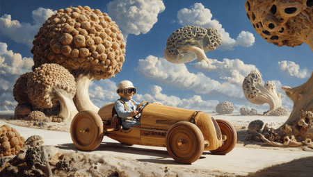 An imaginative artwork depicts a driver in a vintage racecar amidst a surreal landscape. The scene showcases unique mushroom-shaped trees and fluffy, cloud-like formations under a vibrant blue sky. The composition features a warm color palette with detailed textures, offering a dreamlike atmosphere suitable for creative projects.の素材
