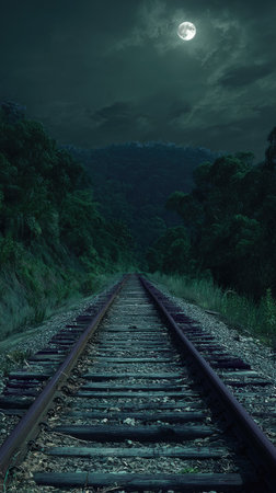 Railway tracks stretch into the distance under a full moon, surrounded by dark foliage. The scene is bathed in cool tones of green and blue, with soft lighting and a sense of stillness. This image could be used for various projects, including editorial content or artistic representations.の素材