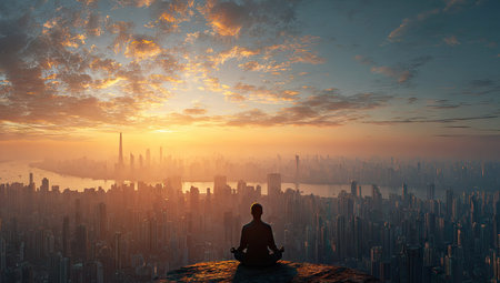 A person is silhouetted in a meditative pose, with a cityscape and vibrant sunset in the background. The image features warm colors and a soft, diffused light, suggesting a contemplative or peaceful mood. It could be used for various purposes, including promotional materials, or editorial content.の素材