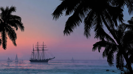 A sailboat glides across the water during a vibrant sunset. The composition features silhouettes of palm trees framing the scene. The image displays shades of purple, orange, and blue. This visual may be used for various projects, including advertising or editorial content, representing travel and tranquility.の素材