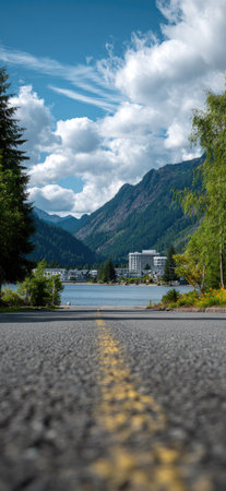 An asphalt road directs the viewer toward a distant lake and mountain range under a cloudy sky. Lush trees frame the view, adding greenery. The composition features a low-angle shot with a blurred foreground, emphasizing depth. Suitable for editorial use, the image showcases a natural landscape.の素材