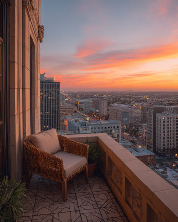 An outdoor balcony features a comfortable chair with city views during a colorful sunset. The composition displays a warm color palette with natural light. The scene could be used in design projects, advertising, or as background imagery. The photograph is suitable for various editorial needs.の素材