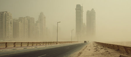 An environmental landscape features a road leading toward obscured high-rise buildings. The scene is enveloped by dust, creating an overcast ambiance with muted tones. This composition may serve various commercial or editorial uses, such as illustrating environmental conditions.の素材