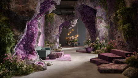 An interior presents a stylized amethyst cave, featuring soft lighting and comfortable seating. The scene displays purple and green hues with textures. This imagery could be used for advertising, design projects, or editorial content that focuses on luxury and fantasy themes.の素材
