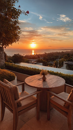 A tranquil sunset scene features a wooden table and chairs on a patio, overlooking a vast landscape. The warm hues of orange and yellow dominate the sky, with the sun low on the horizon. The composition suggests a relaxed setting with potential use for travel or lifestyle themes.の素材