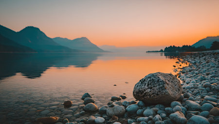 A scenic landscape showcases a calm lake reflecting mountain silhouettes under an orange and blue sunset sky. The foreground reveals a rocky shoreline with smooth stones. The overall composition suggests a serene environment suitable for various commercial or editorial applications.の素材