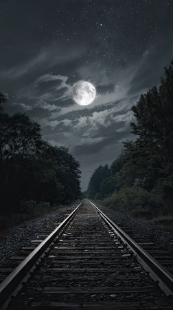 An image captures railroad tracks disappearing into the distance under a full moon in a night sky. The scene is dominated by shades of gray and black, depicting trees lining the tracks. The composition and lighting create a moody and atmospheric setting. It could be used for various projects such as editorial illustrations or thematic visuals.の素材