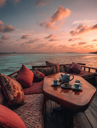 An outdoor lounge features comfortable seating and a wooden table set for tea. The scene presents warm colors, textures of cushions and wood, and soft lighting from the sunset. The composition suggests a relaxed atmosphere, suitable for commercial or editorial applications related to leisure and travel.の素材