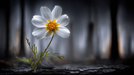 A solitary white flower blooms against a dark, blurred background suggestive of a forest. The image showcases detailed petals with a yellow center. The composition utilizes shallow depth of field, emphasizing the flower. This image could be suitable for various commercial uses, including artistic designs or nature-related content.の素材