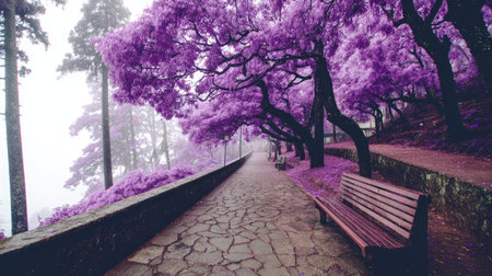 A stone pathway winds through a scene featuring trees with bright purple foliage. A wooden bench sits alongside the path, suggesting a place for rest. The composition is bathed in soft, diffused light, possibly from a foggy or overcast day. This image could be used for various projects, including editorial or promotional material.の素材