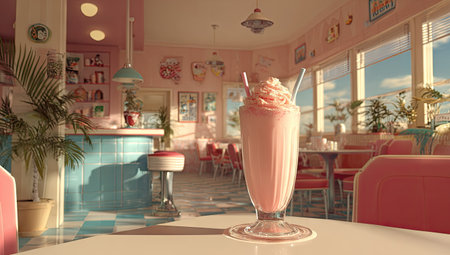 A tall glass of pink milkshake sits on a table in a vintage diner. The interior features a pastel color palette, with pink walls and booths contrasted by a teal bar. Sunlight streams through large windows, illuminating the classic aesthetic. This image is suitable for various commercial uses.の素材